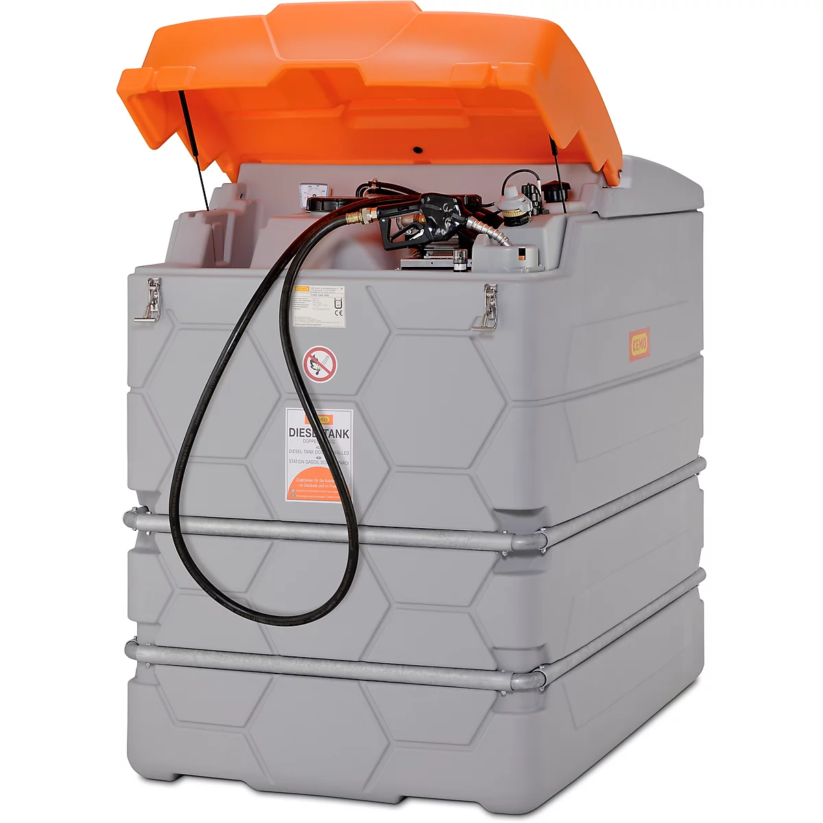Réservoir de diesel CEMO CUBE Outdoor Basic, volume de 2500 l, couvercle à charnière, pompe électrique 230 V, L 1200 x P 1800 x H 1800 mm