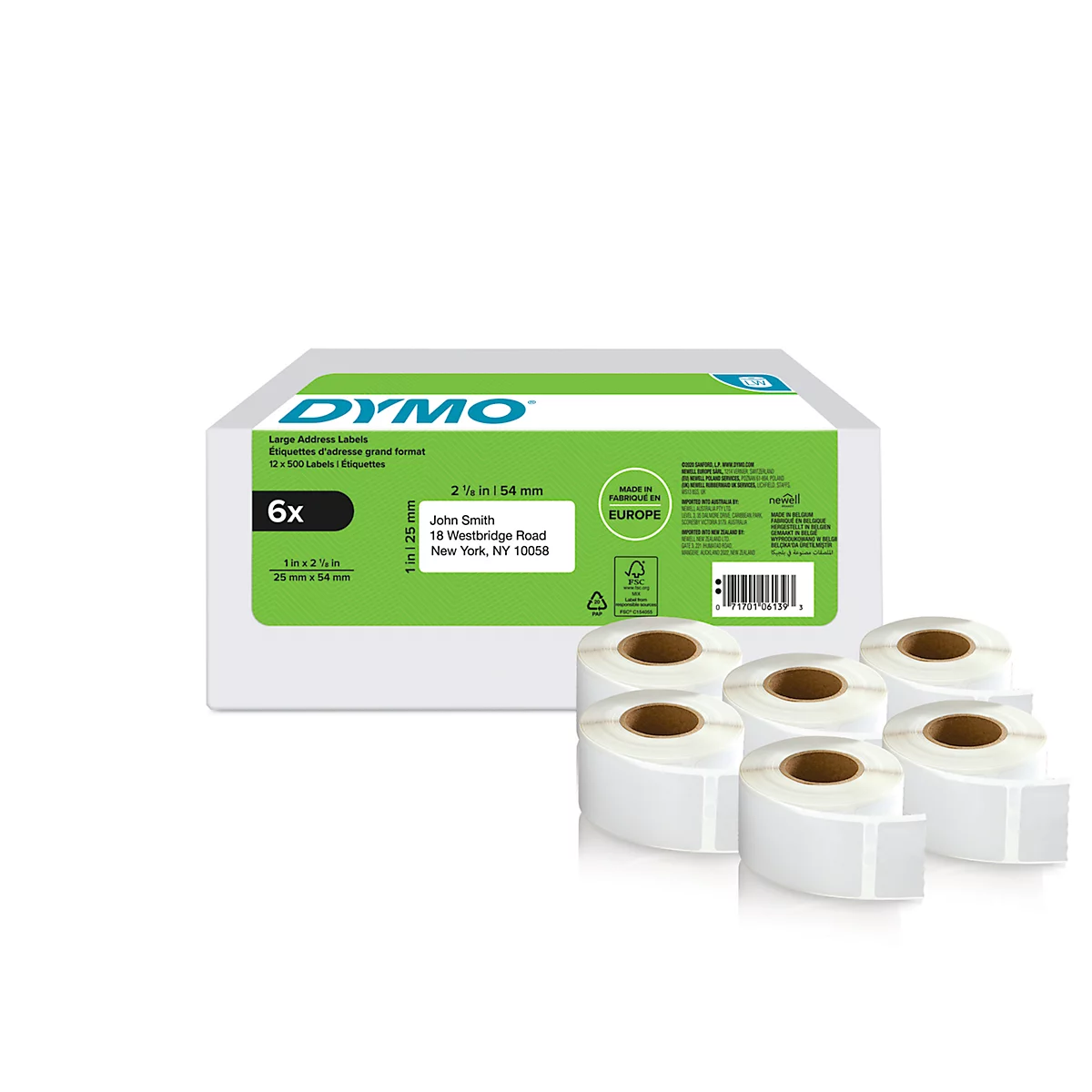 Retouretiketten Dymo® 2177564, 25 x 54 mm, permanente kleefstof, papier, wit, 6 rollen met elk 500 stuks