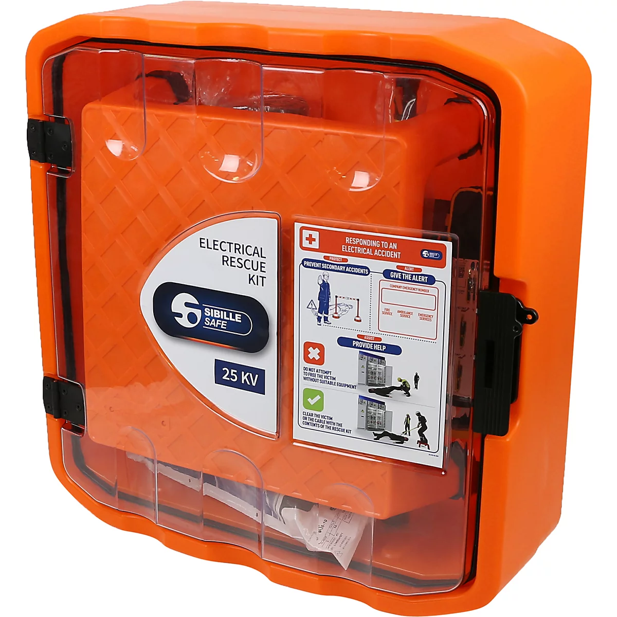Orangener Erste-Hilfe-Kasten mit transparentem Deckel. Aufschrift: Electrical Rescue Kit, Sibille Safe, 25 kV.