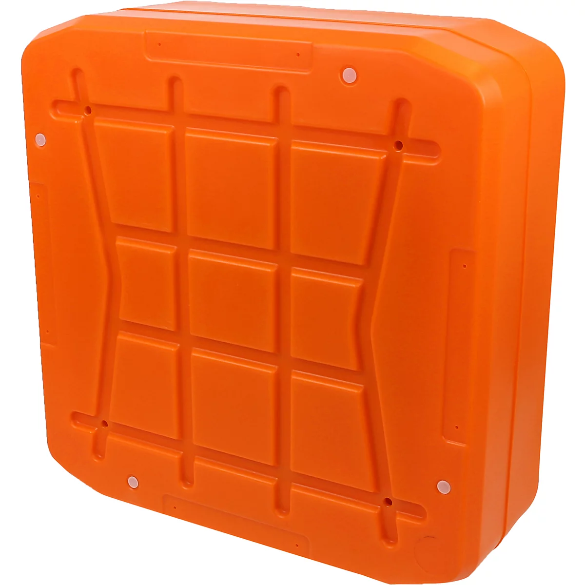 Rechteckige, orangefarbene Box mit quadratischen Vertiefungen und weißen Nieten.