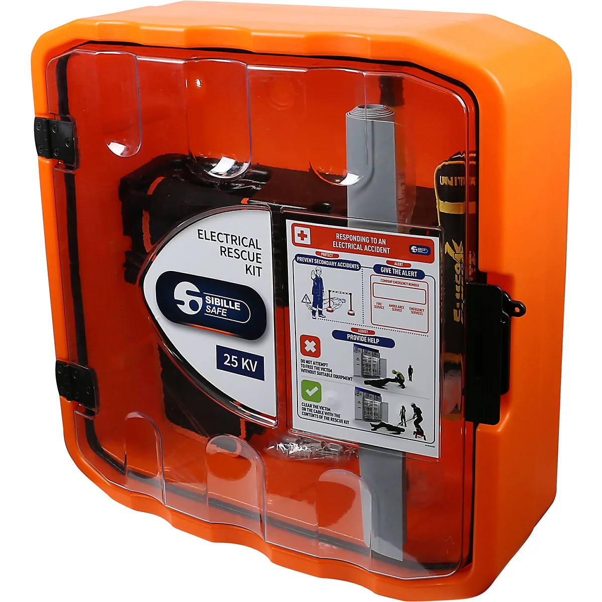 Orangefarbene elektrische Rettungsbox mit transparenter Front. Aufschrift: 'Electrical Rescue Kit'.