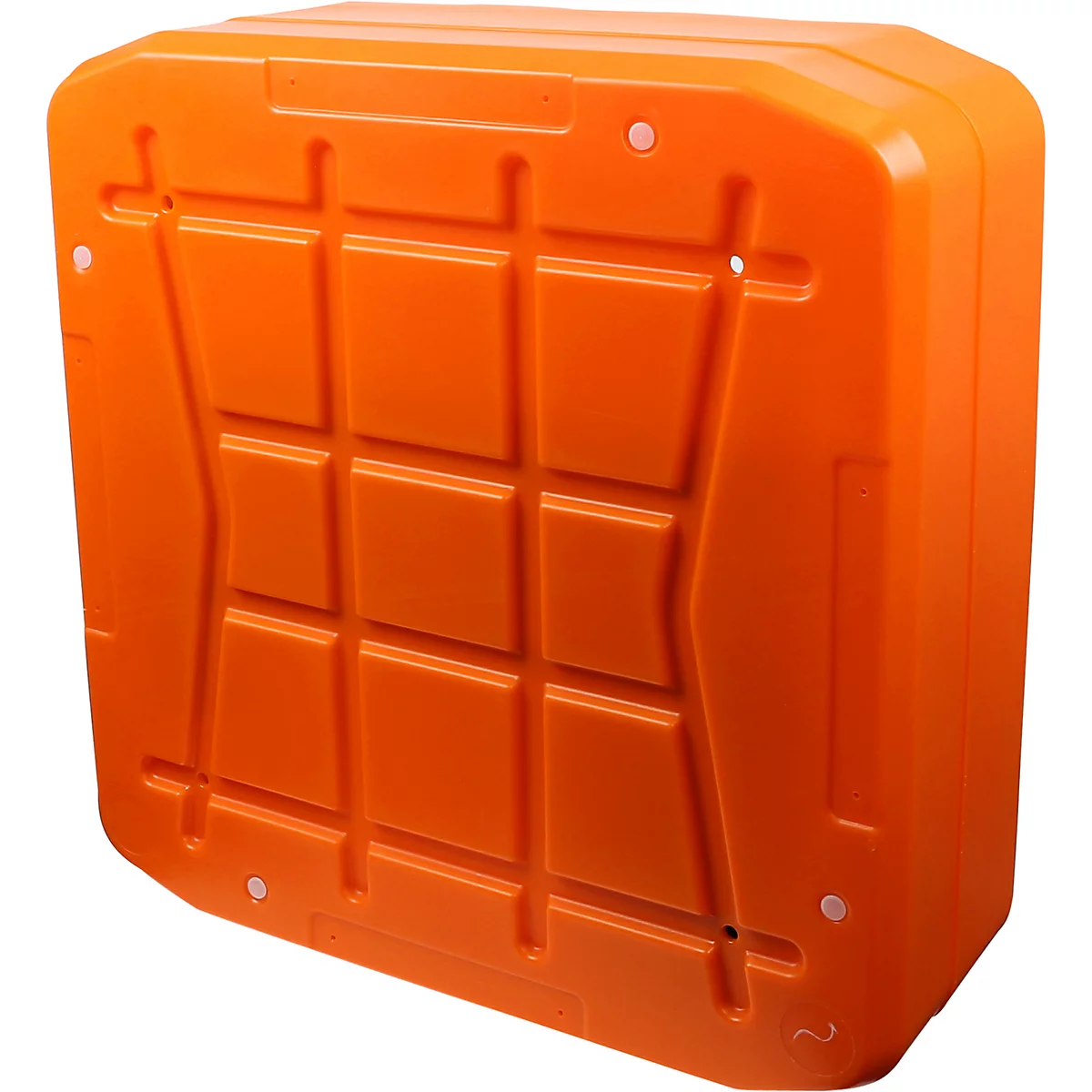 Orange, quaderförmige Box mit vertieften Mustern und runden weißen Elementen.