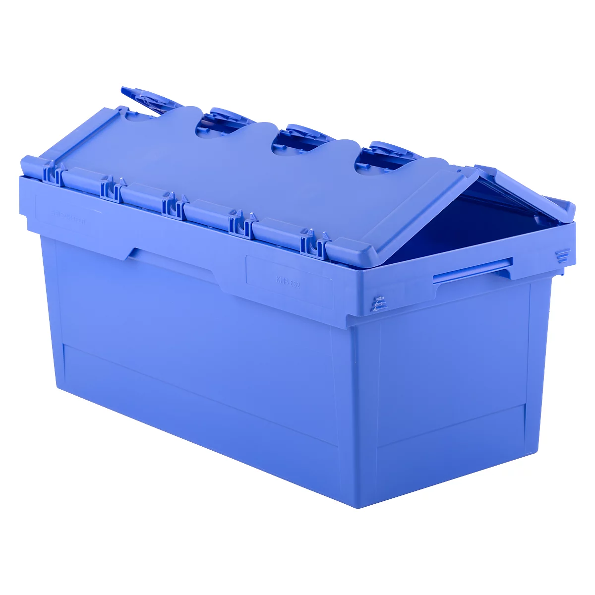 Blue plastic box with partially open lid, on a white background.