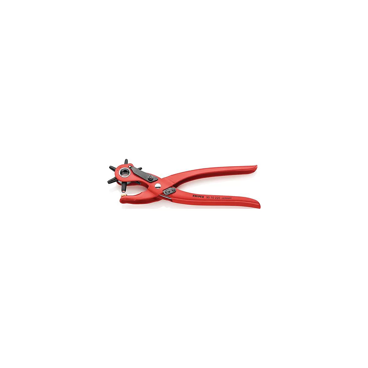 Rode perforator, met zwarte kop en handgrepen. Opschrift Knipex 90 70 220. Gat in leer.