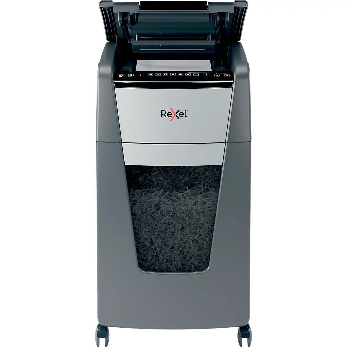 Grey paper shredder with open lid, below is a paper container with shredded paper scraps. The brand name Rexel is visible on the front.