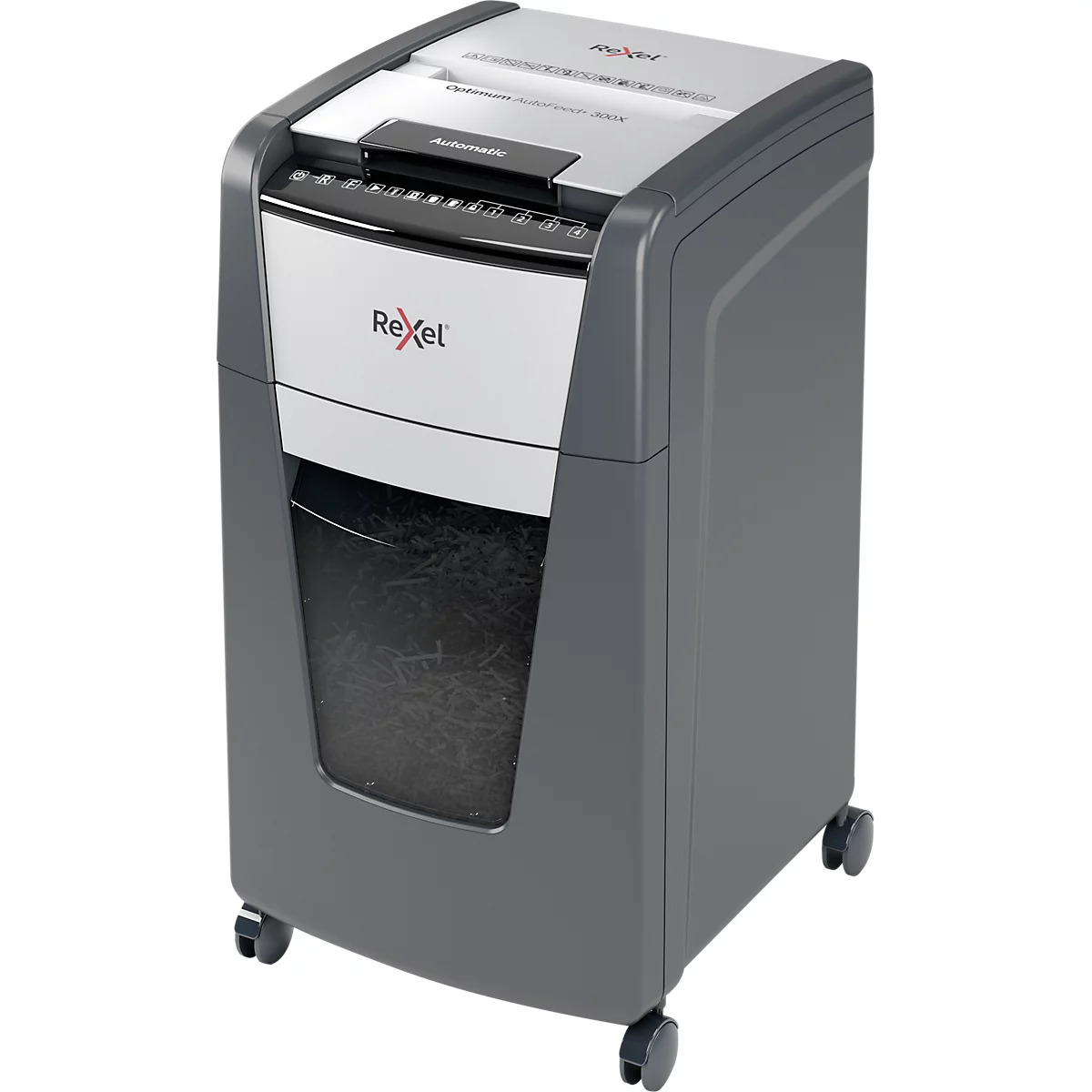 Rexel paper shredder, gray and white, with wheels. The container is full. There is lettering on the device.