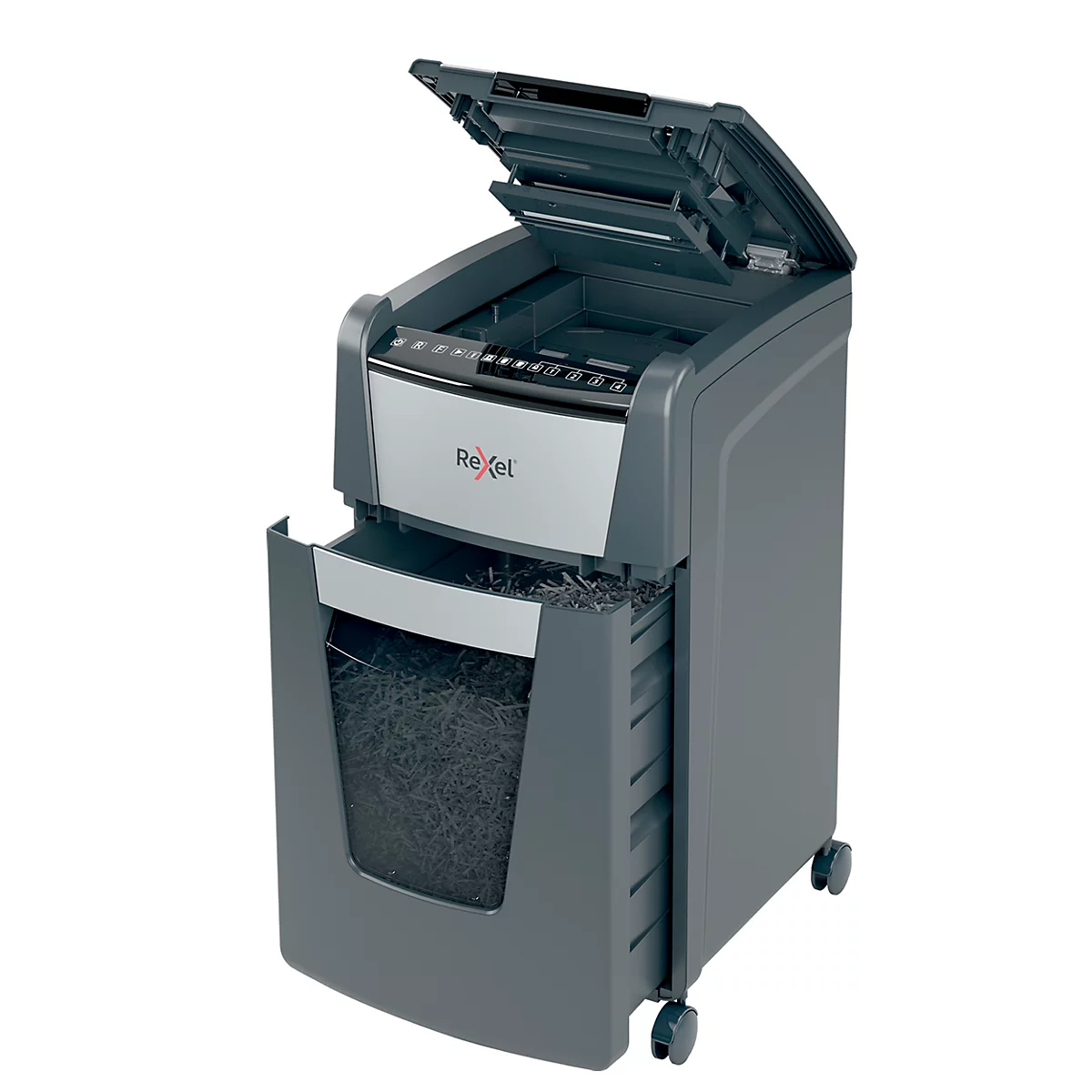 Gray paper shredder, open lid, pulled-out waste container, Rexel logo.