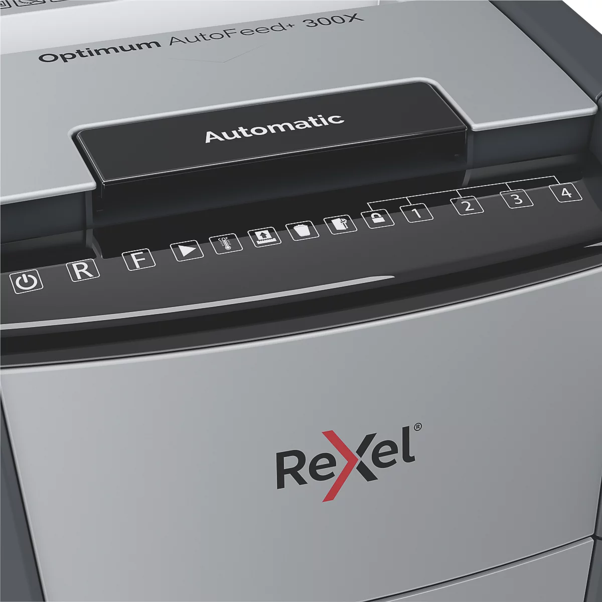 Close-up of a Rexel paper shredder with controls and the word "Automatic".