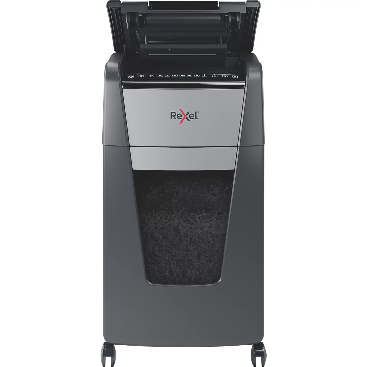 A dark paper shredder with an open lid. The "Rexel" lettering is visible on the front.