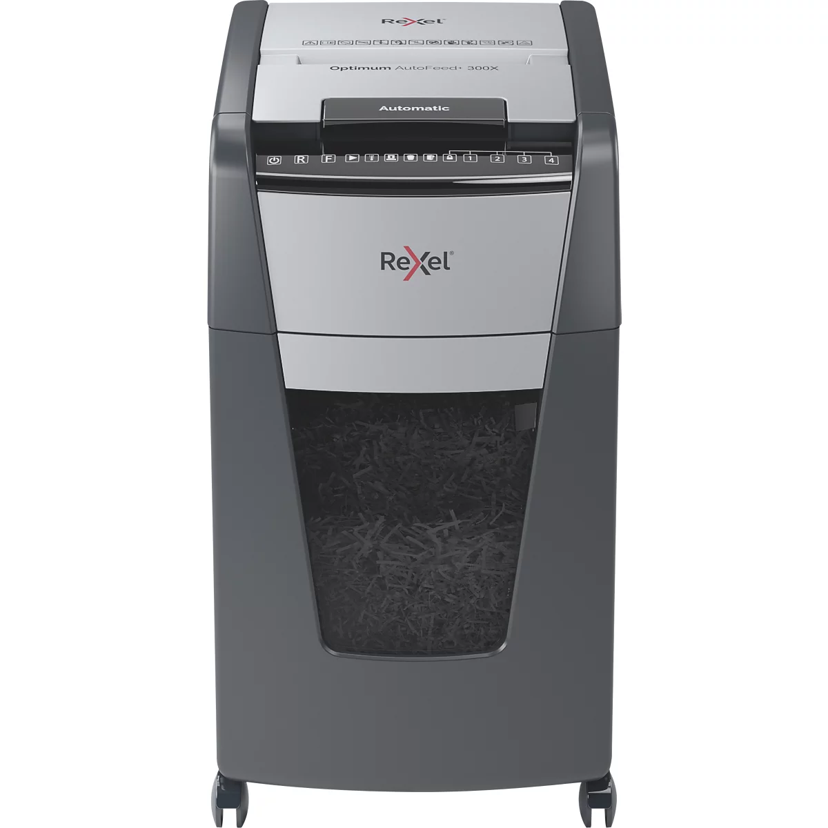 Gray paper shredder. Rexel logo. Inscription: Automatic. Paper in collection container.