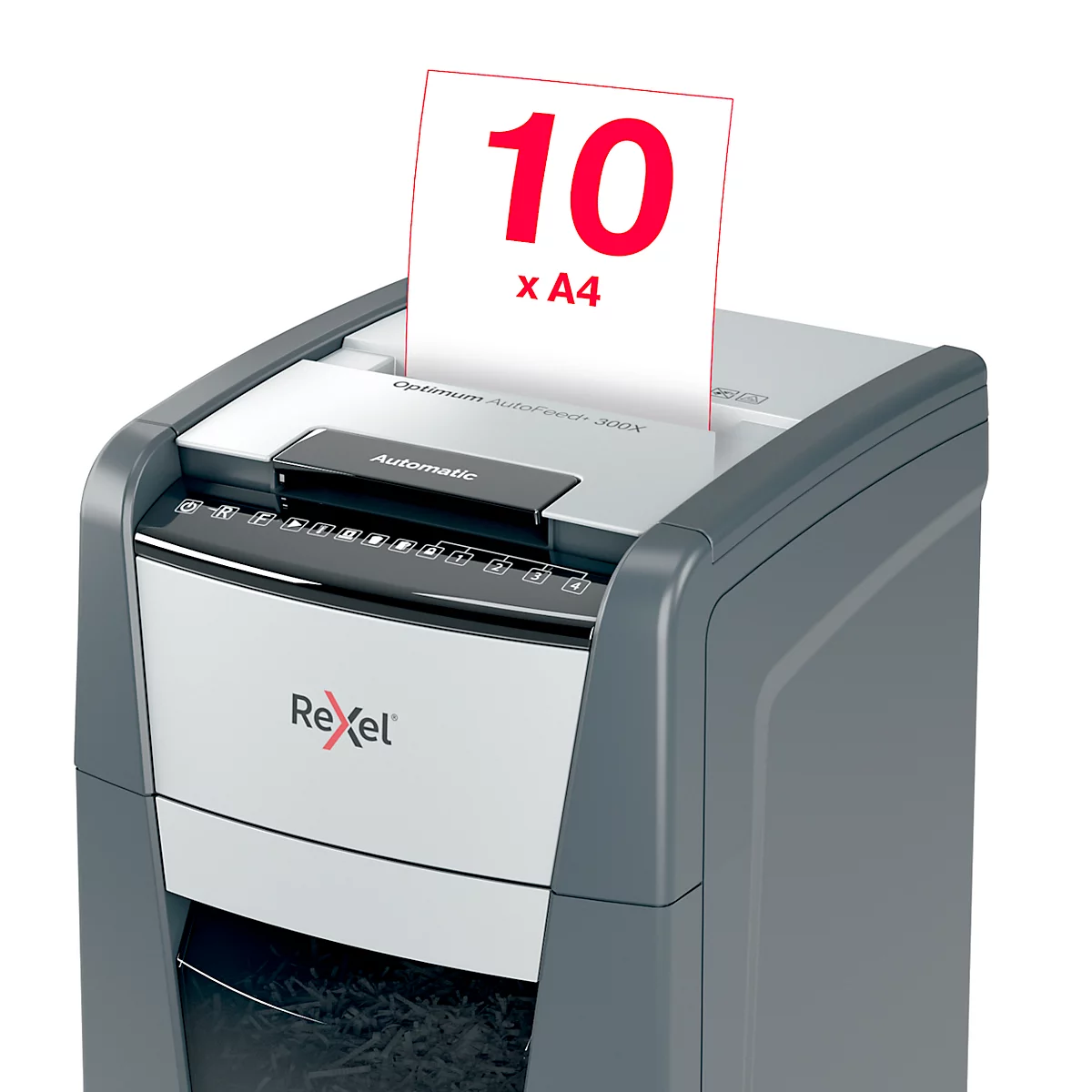 Grey paper shredder with paper in it. Red text on paper reads: 10 x A4.