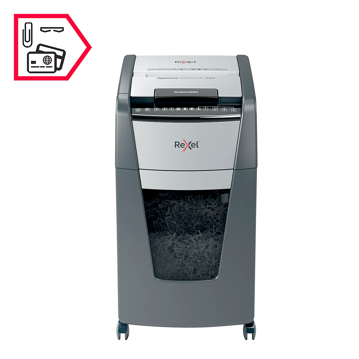 Grey paper shredder with waste bin. 'Rexel' logo. In red box: paper clip, glasses, credit card.