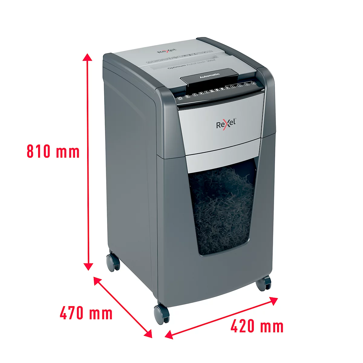 Gray paper shredder on wheels. Dimensions: 810 mm high, 470 mm wide, 420 mm deep. Rexel logo.