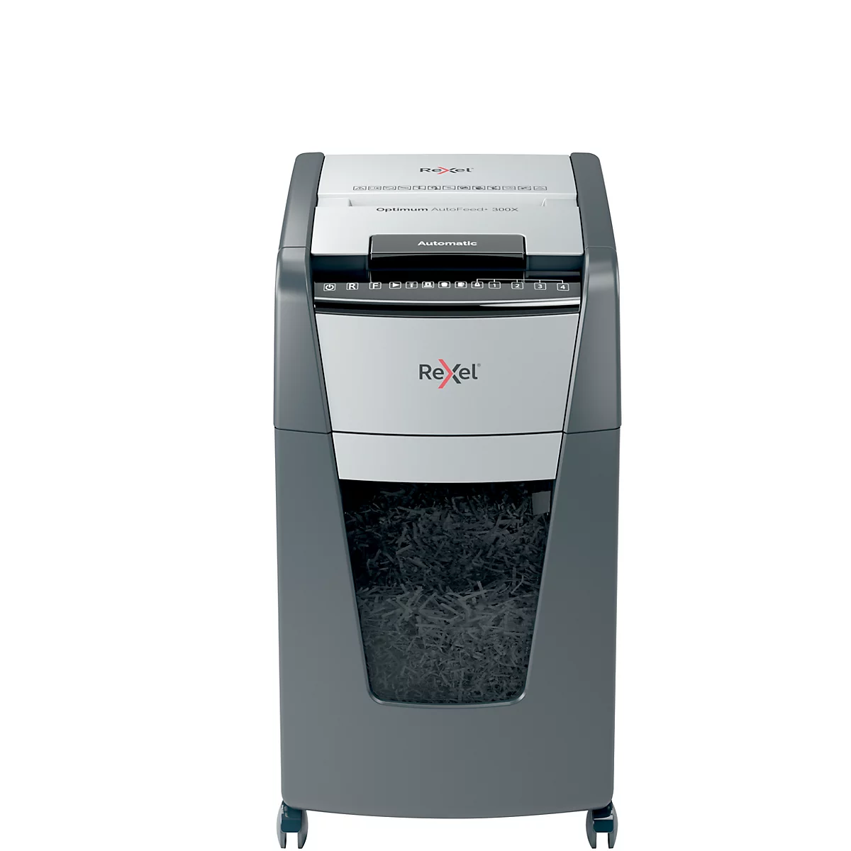 Gray and silver paper shredder with Rexel logo, filled paper waste container. The device stands on castors.