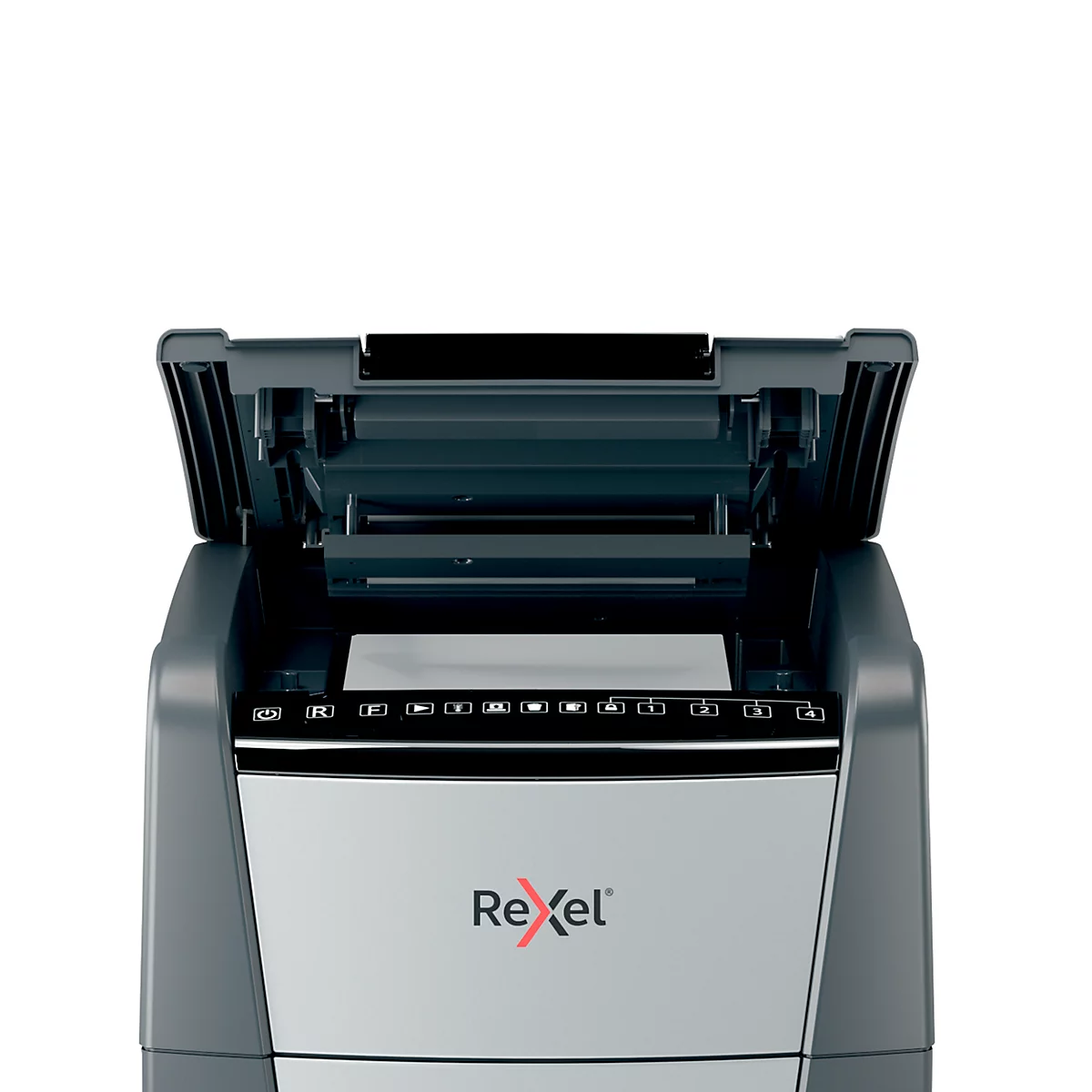 Grey paper shredder with the top open. The Rexel logo is visible.