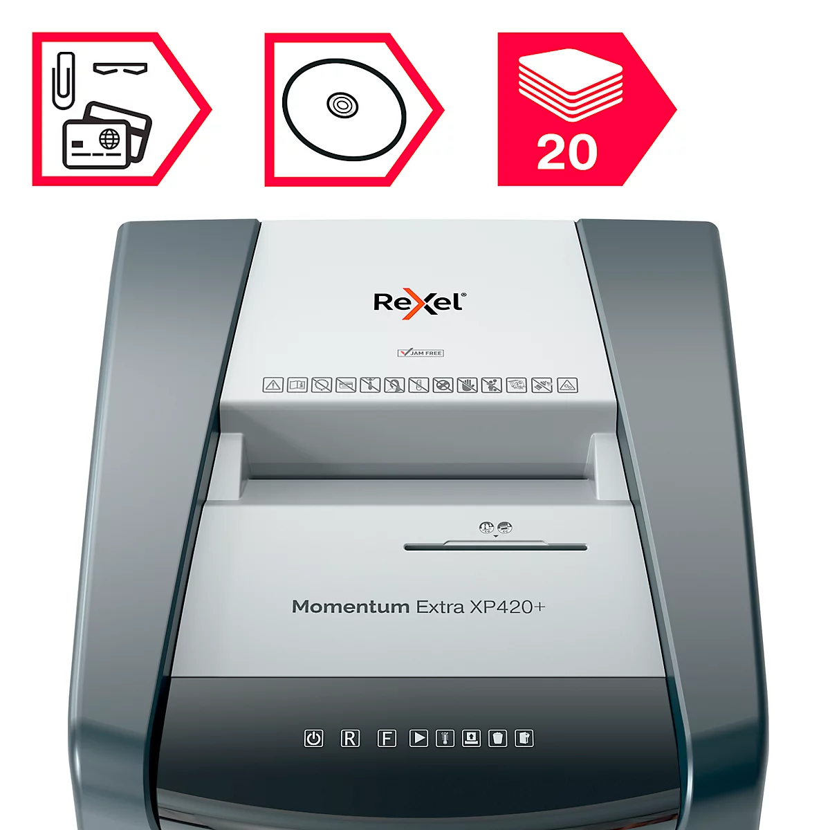 Rexel Momentum Extra XP420+ Aktenvernichter, mobil, P4, Partikelschnitt 4 x 35 mm, 60 l, 20 Blatt Schnittleistung, schwarz