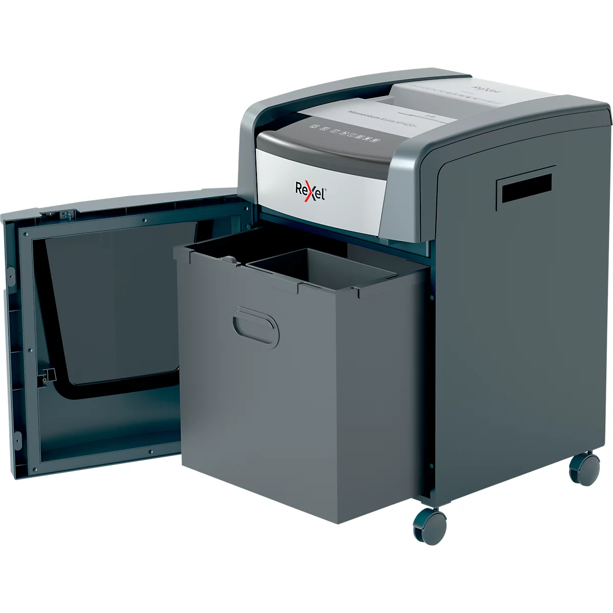 Rexel Momentum Extra XP420+ Aktenvernichter, mobil, P4, Partikelschnitt 4 x 35 mm, 60 l, 20 Blatt Schnittleistung, schwarz