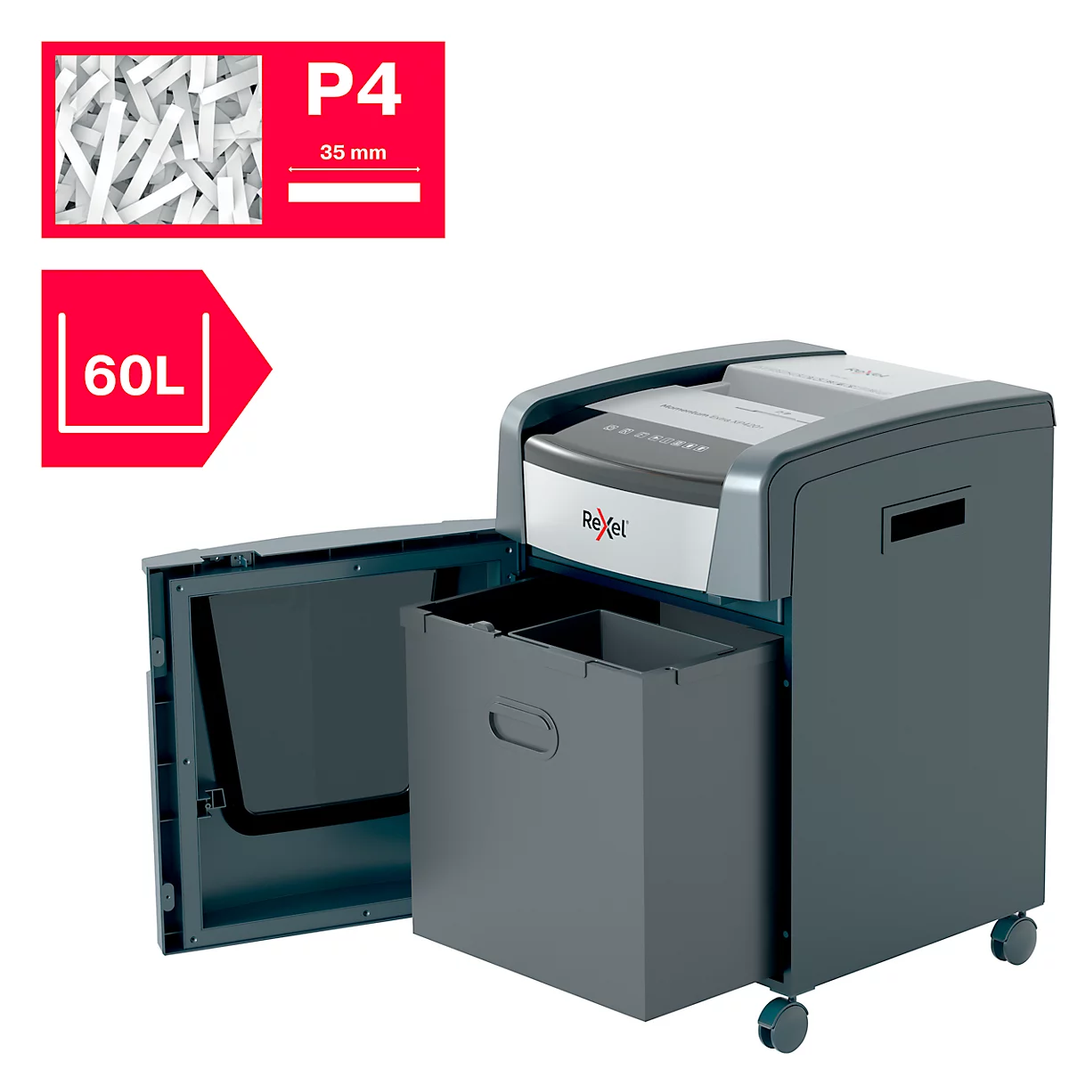 Rexel Momentum Extra XP420+ Aktenvernichter, mobil, P4, Partikelschnitt 4 x 35 mm, 60 l, 20 Blatt Schnittleistung, schwarz