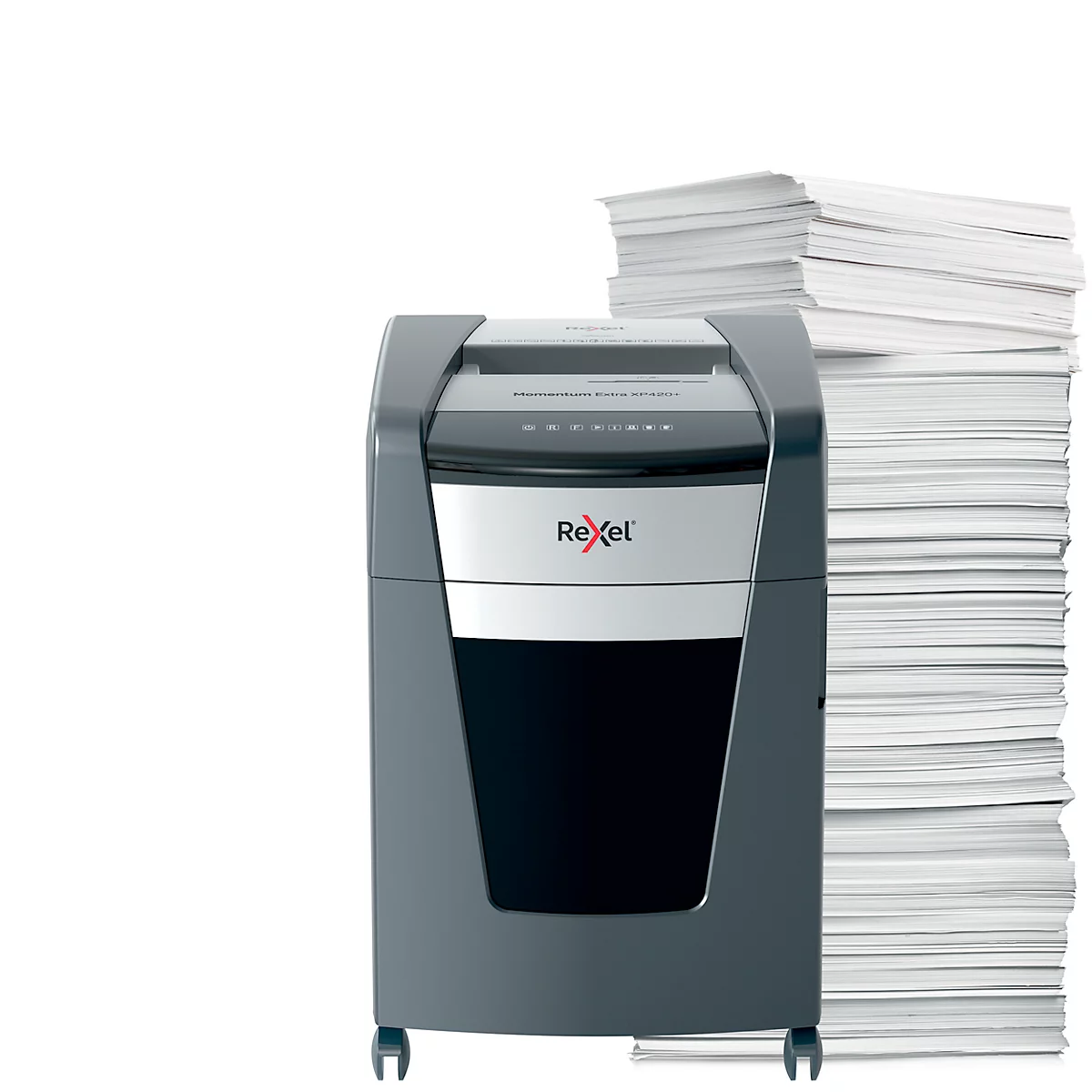 Rexel Momentum Extra XP420+ Aktenvernichter, mobil, P4, Partikelschnitt 4 x 35 mm, 60 l, 20 Blatt Schnittleistung, schwarz