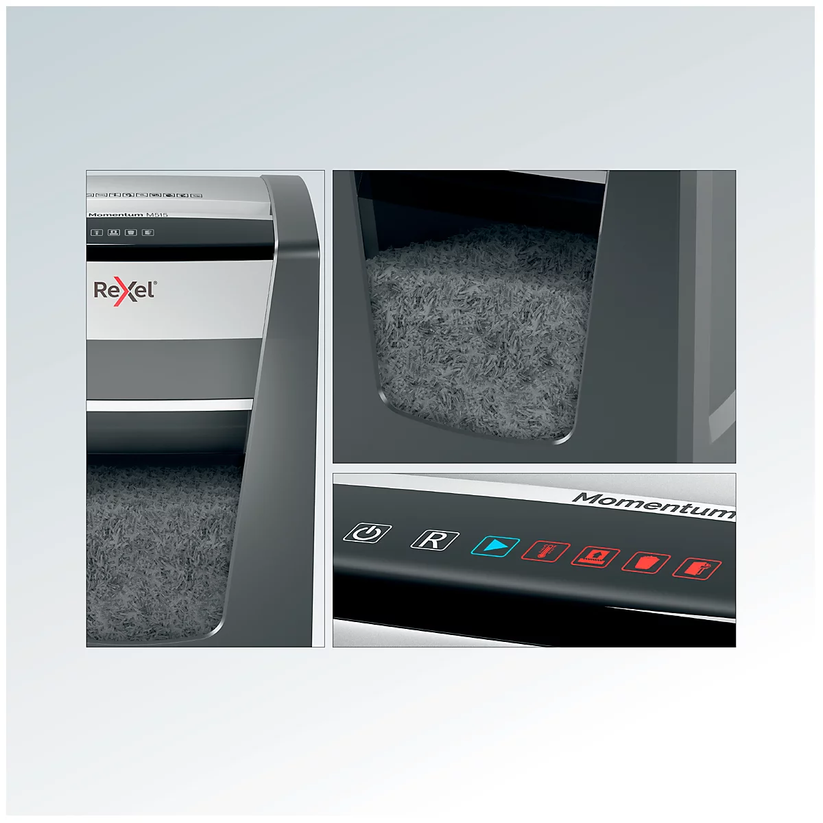 Rexel Momentum M515 Aktenvernichter P5, Partikelschnitt 2 x 15 mm, 30 l, 15 Blatt Schnittleistung, Anti-Papierstau-Technologie, mit Rollen, schwarz