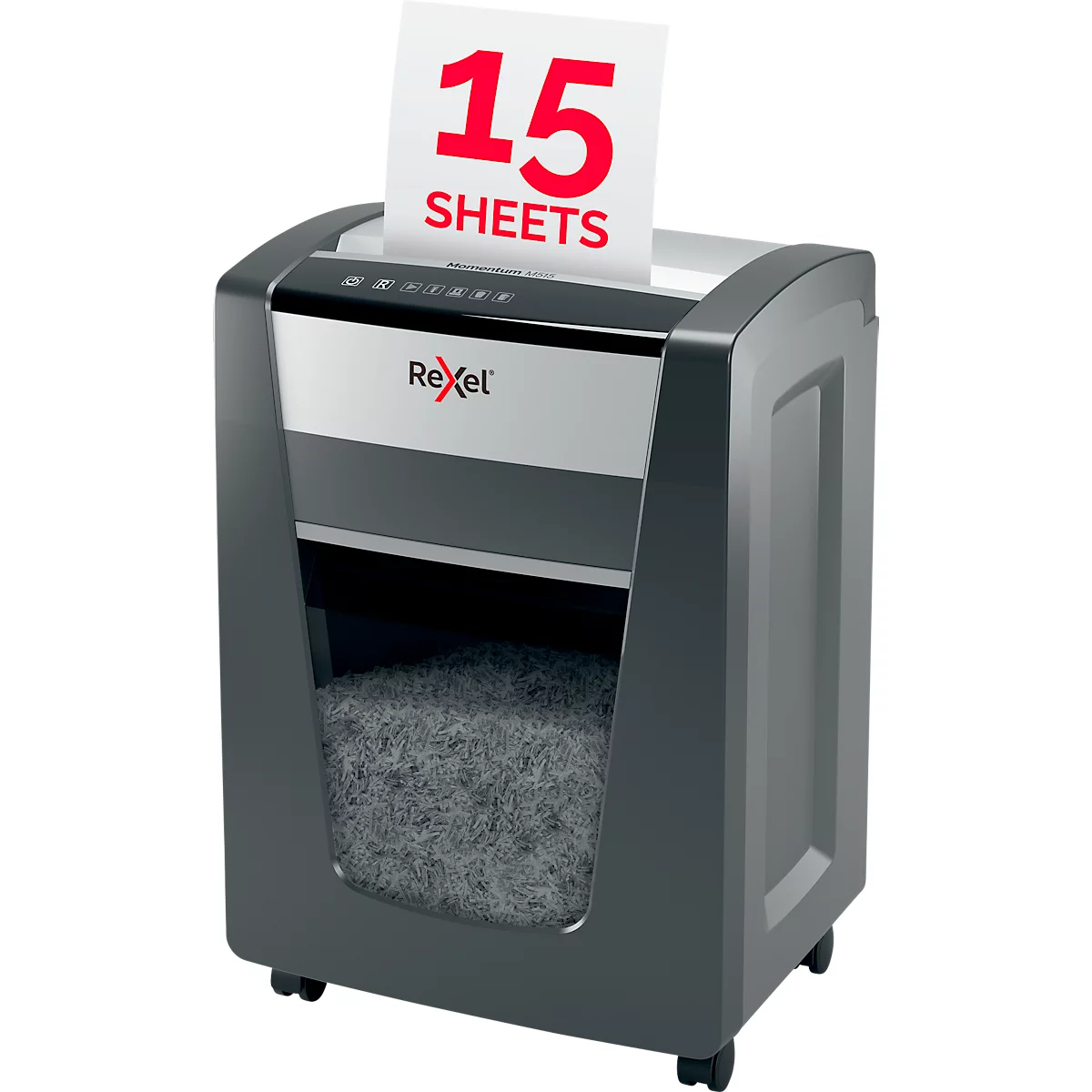 Rexel Momentum M515 papiervernietiger P5, deeltjes snijden 2 x 15 mm, 30 l, 15 vel snijcapaciteit, anti-papierstoringstechnologie, met rollen, zwart