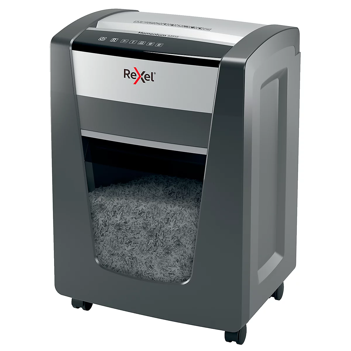 Rexel Momentum M515 papiervernietiger P5, deeltjes snijden 2 x 15 mm, 30 l, 15 vel snijcapaciteit, anti-papierstoringstechnologie, met rollen, zwart