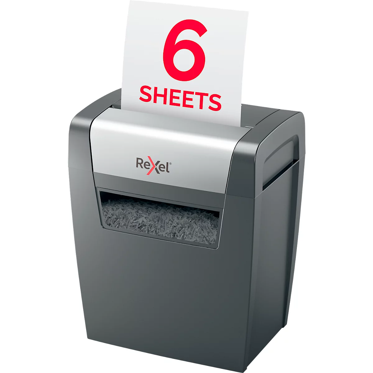 Paper shredder shredding paper with the number 6 on it. Logo: Rexel.