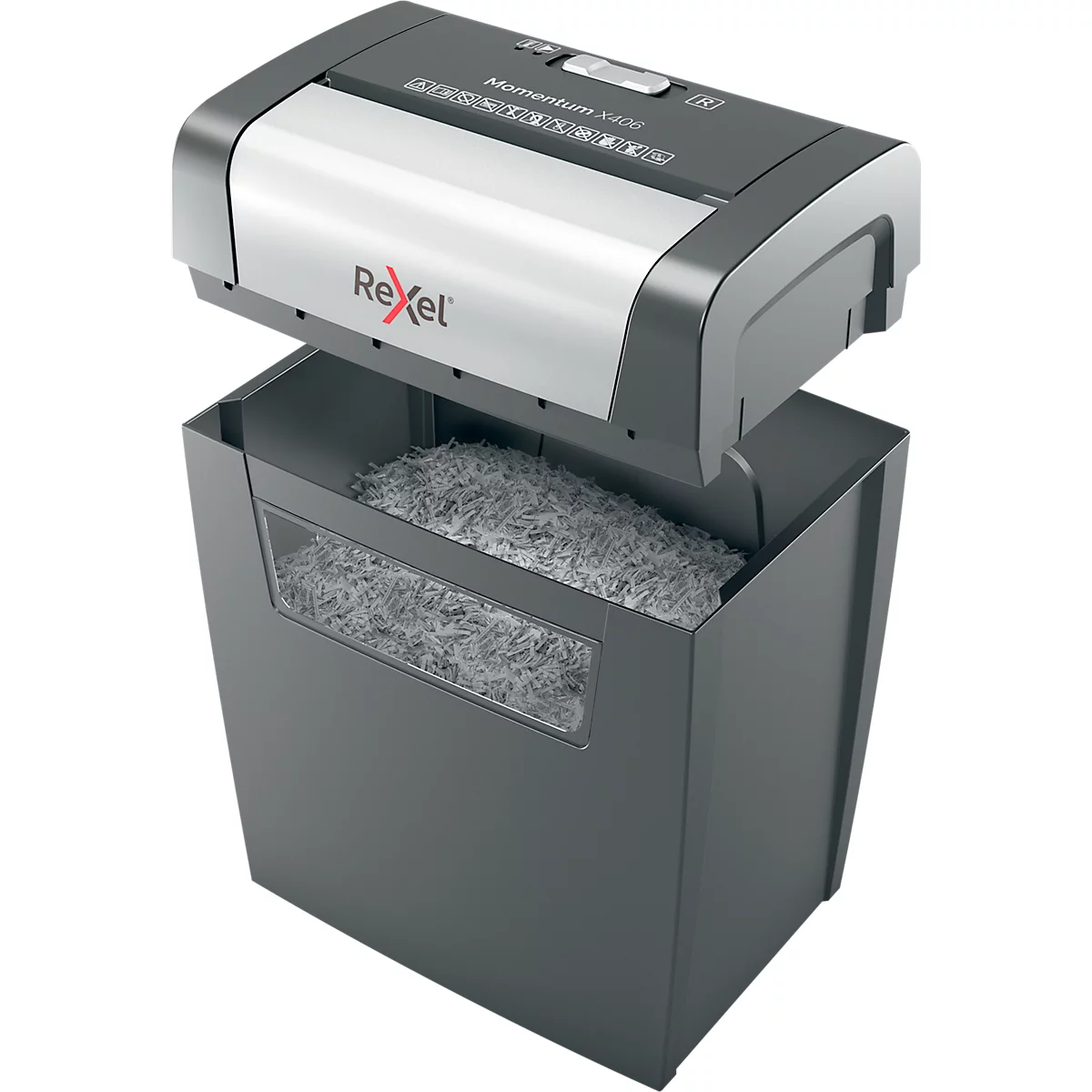 Shredder with open head; gray container filled with shredded paper. Rexel brand.