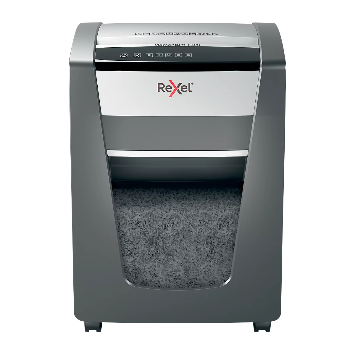 Grey paper shredder with Rexel logo. The collection container is filled with shredded paper.