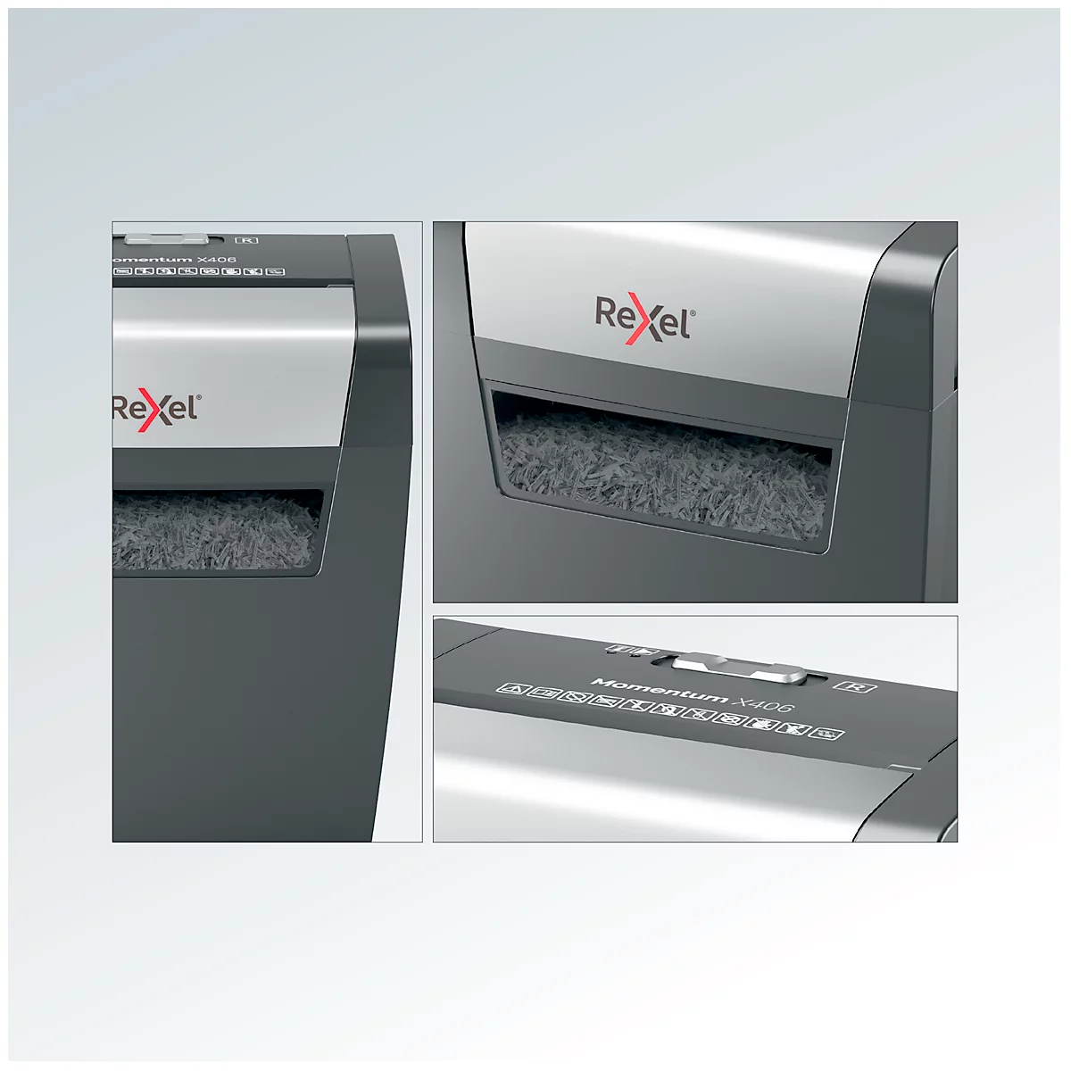 Close-up of a black paper shredder. The Rexel logo is visible. Shredded paper pieces are in the collection container.