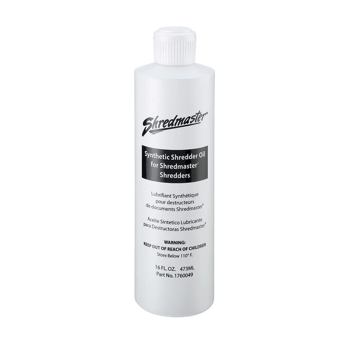 White Shredmaster bottle of shredder oil, with product name, warnings, and volume information in multiple languages.