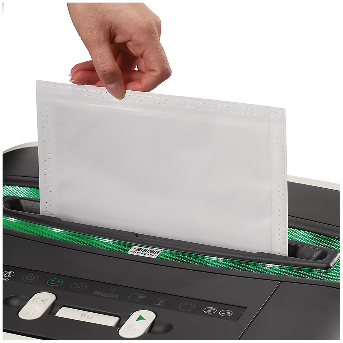 A hand inserts a white envelope into a shredder. The shredder is black with green LED lights.