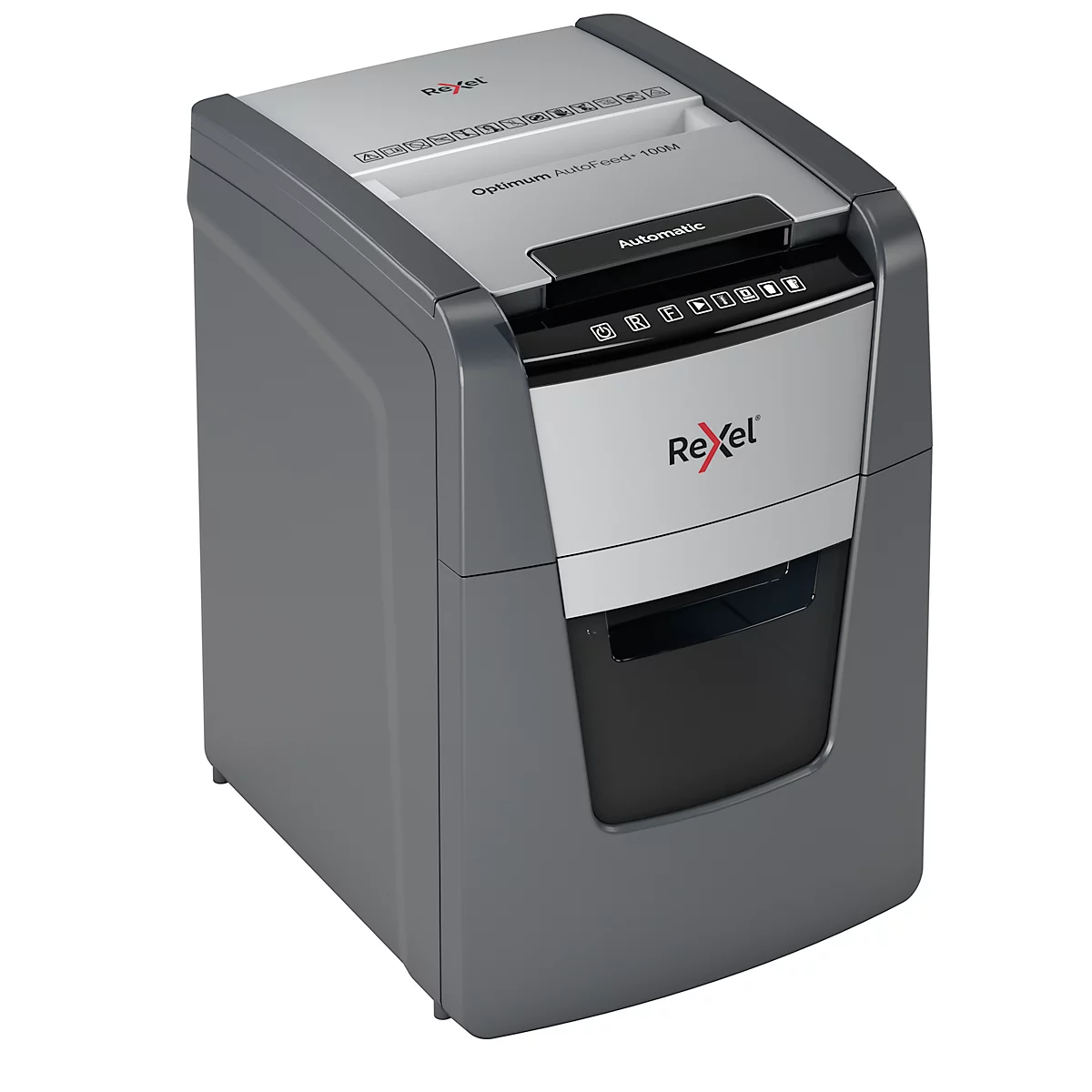 Rexel Optimum AutoFeed+ 100M papiervernietiger P5, volautomatisch, microsnede 2 x 15 mm, 34 l, snijcapaciteit 100 vellen, zwart