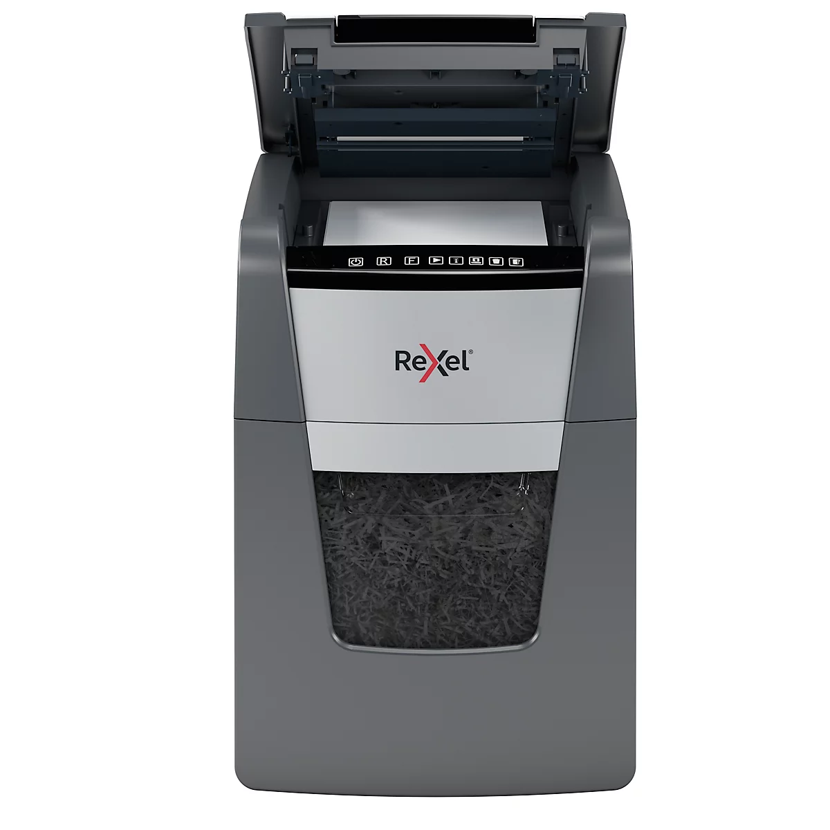 Shredder, gray and black. Opened at the top with paper, shredded paper visible below, Rexel logo.