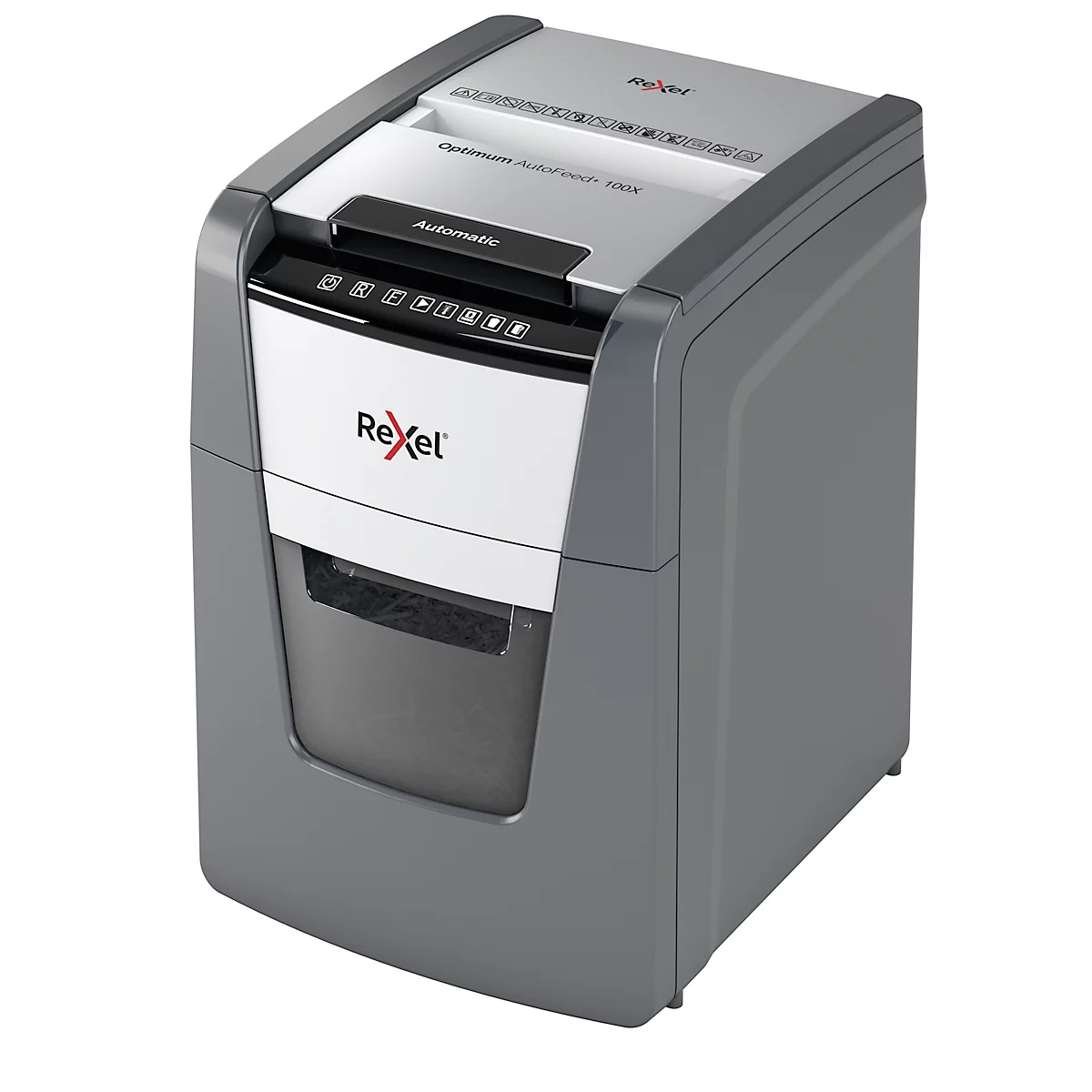 Gray Rexel paper shredder. Control buttons are above the paper entry. The collection bin is visible.