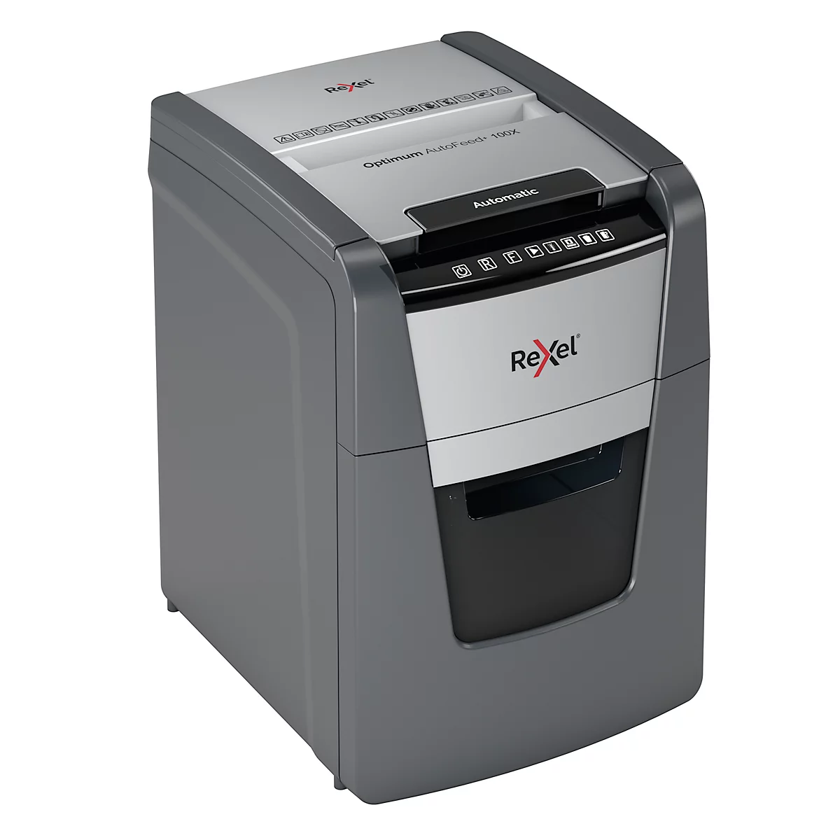 Gray and silver shredder with Rexel logo. Top: paper entry. Bottom: collection bin.