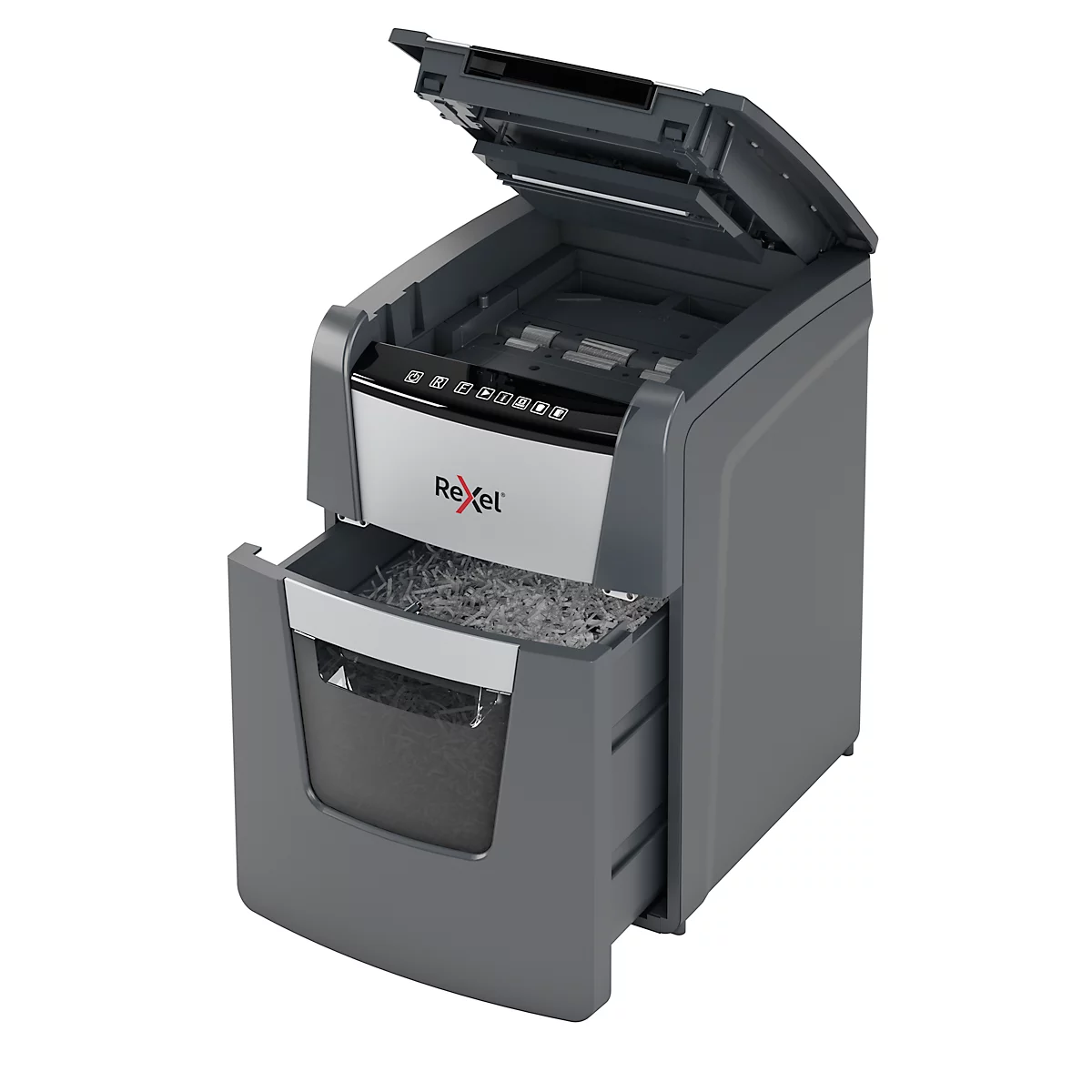 Grey paper shredder with open lid and pulled-out wastebasket. The name Rexel is visible.
