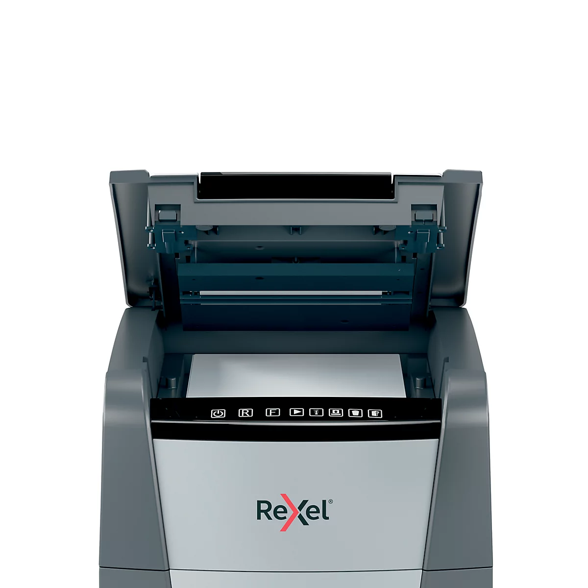 Paper shredder with open lid and paper inserted. Rexel's logo is visible.