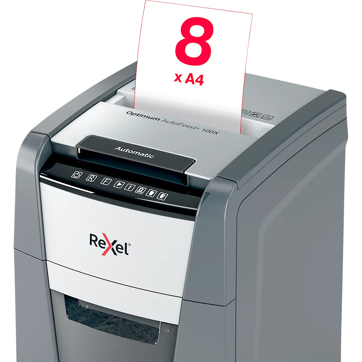 Shredder with a sheet of paper showing an 8 and x A4.