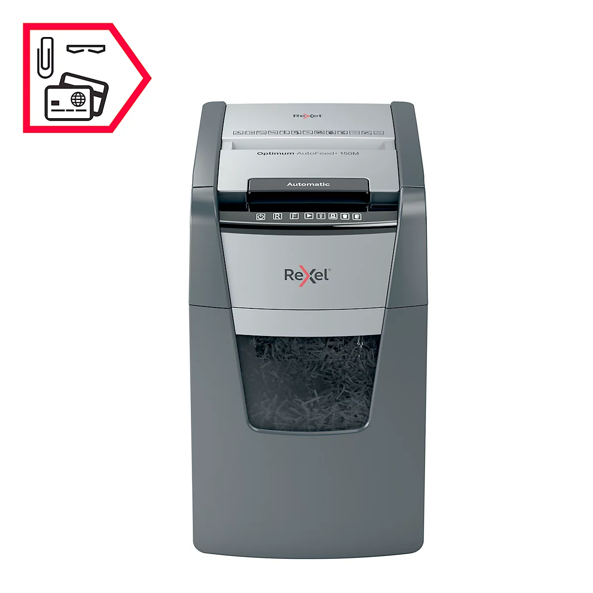 Rexel Optimum AutoFeed+ 150M papiervernietiger P5, volautomatisch, microsnede 2 x 15 mm, 44 l, 150 vel snijcapaciteit, zwart