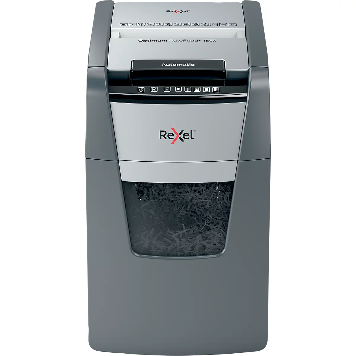 Rexel Optimum AutoFeed+ 150X Aktenvernichter P4, Vollautomatik, Partikelschnitt 4 x 28 mm, 44 l, 150 Blatt Schnittleistung, schwarz