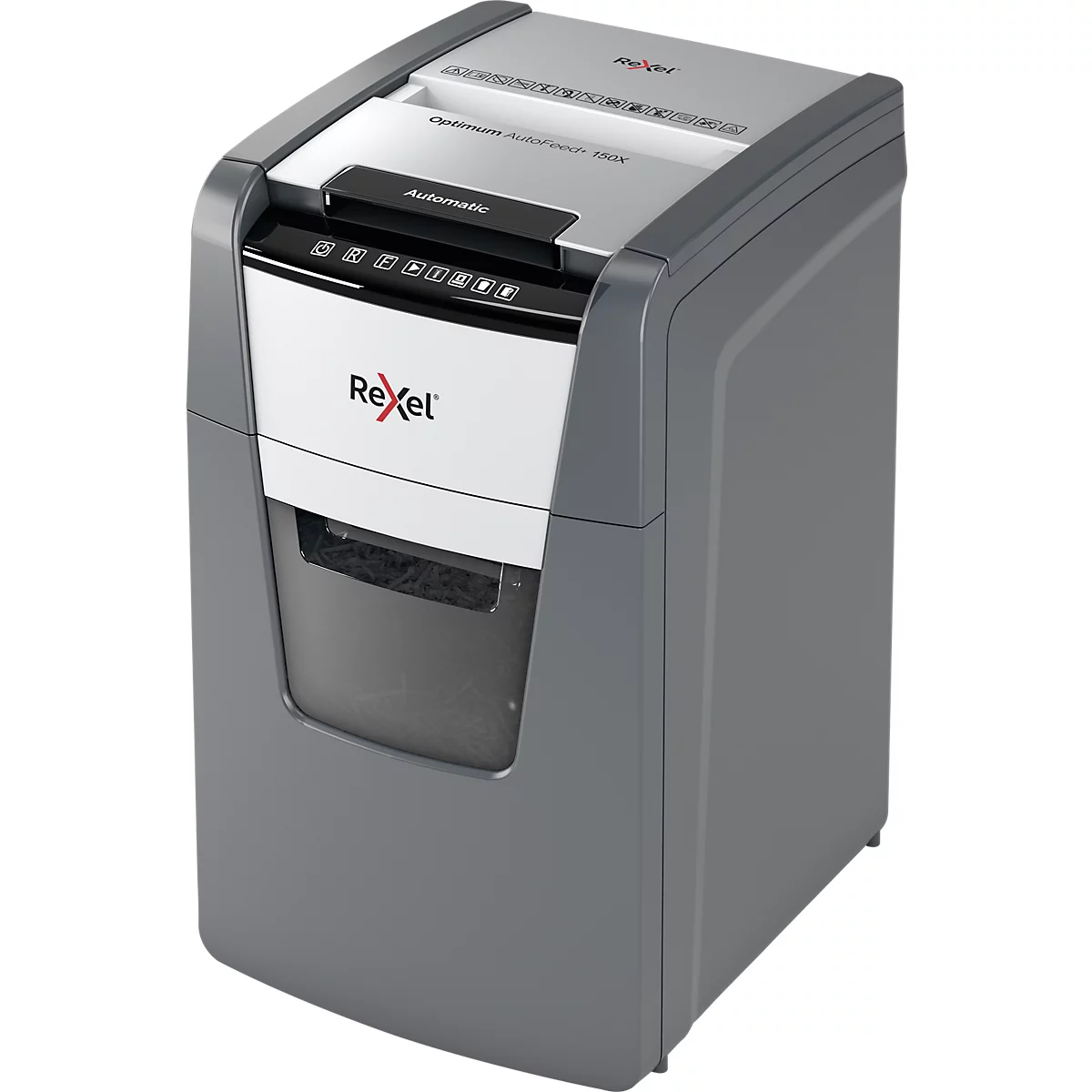 Rexel Optimum AutoFeed+ 150X Aktenvernichter P4, Vollautomatik, Partikelschnitt 4 x 28 mm, 44 l, 150 Blatt Schnittleistung, schwarz
