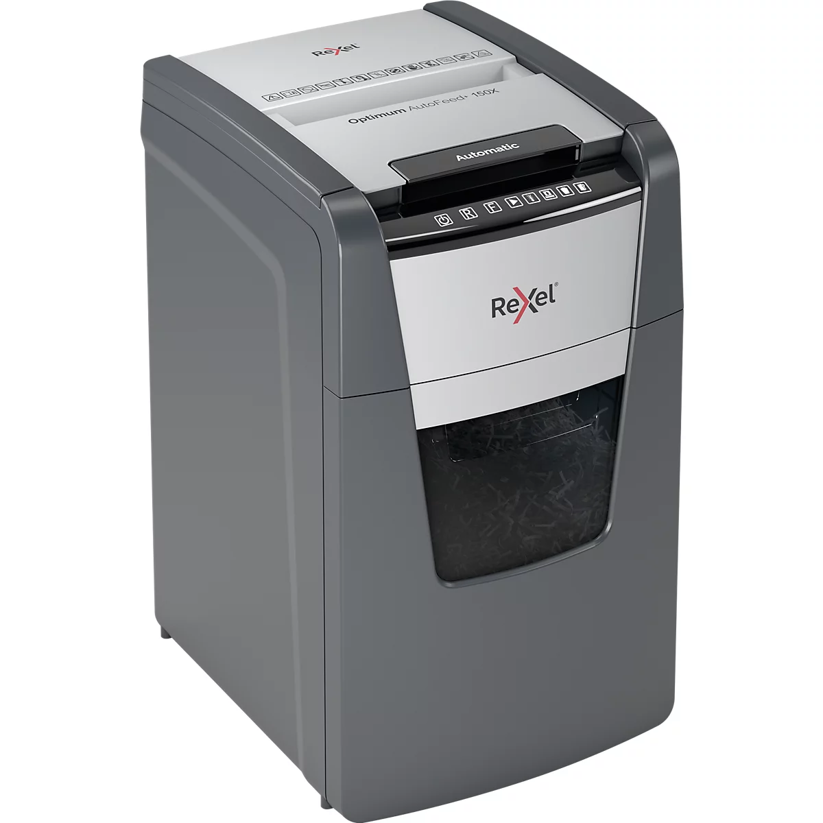 Rexel Optimum AutoFeed+ 150X Aktenvernichter P4, Vollautomatik, Partikelschnitt 4 x 28 mm, 44 l, 150 Blatt Schnittleistung, schwarz