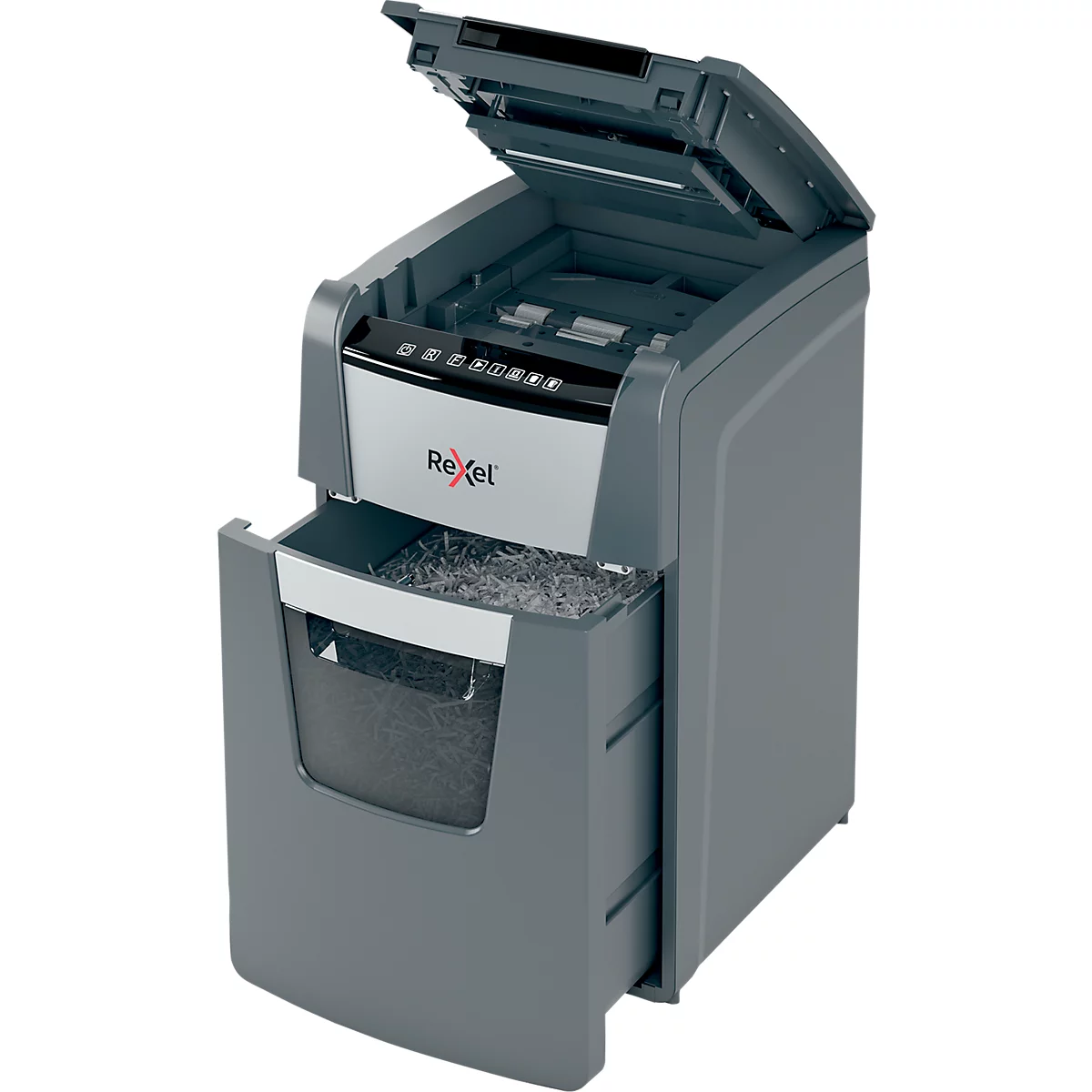 Rexel Optimum AutoFeed+ 150X Aktenvernichter P4, Vollautomatik, Partikelschnitt 4 x 28 mm, 44 l, 150 Blatt Schnittleistung, schwarz