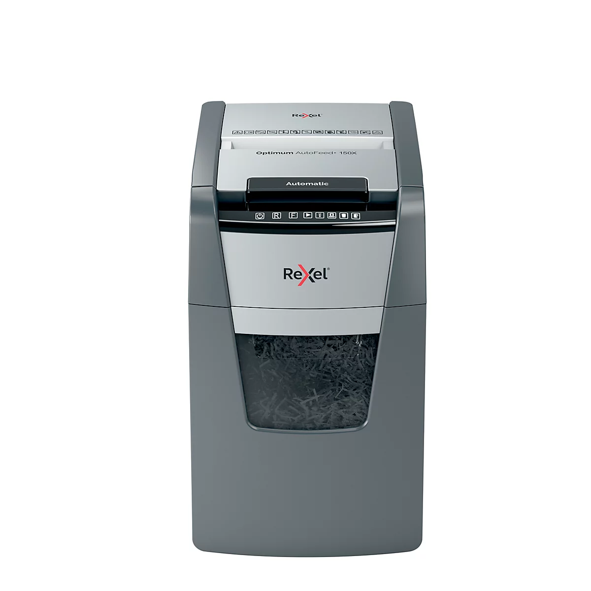 Rexel Optimum AutoFeed+ 150X Aktenvernichter P4, Vollautomatik, Partikelschnitt 4 x 28 mm, 44 l, 150 Blatt Schnittleistung, schwarz
