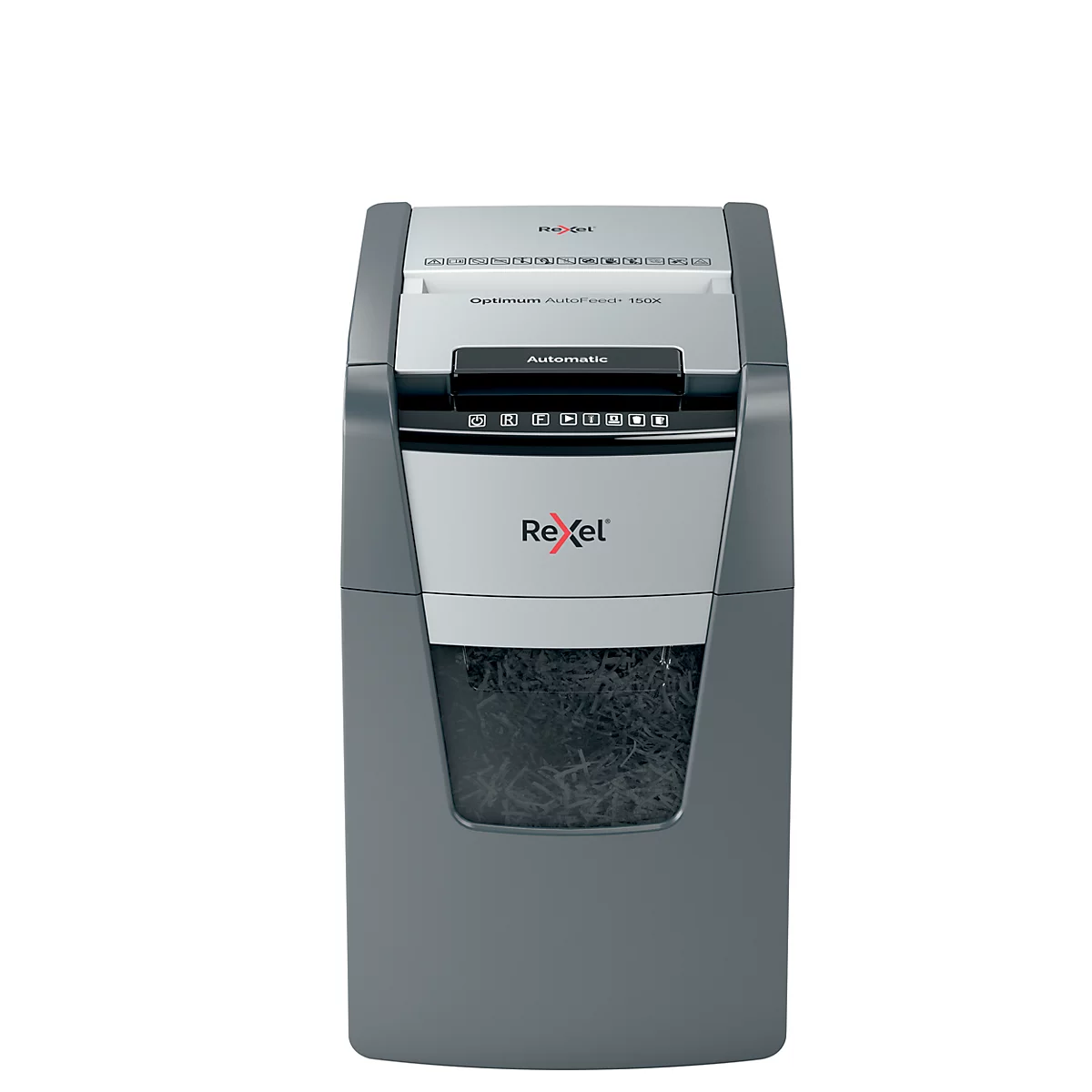 Rexel Optimum AutoFeed+ 150X Aktenvernichter P4, Vollautomatik, Partikelschnitt 4 x 28 mm, 44 l, 150 Blatt Schnittleistung, schwarz