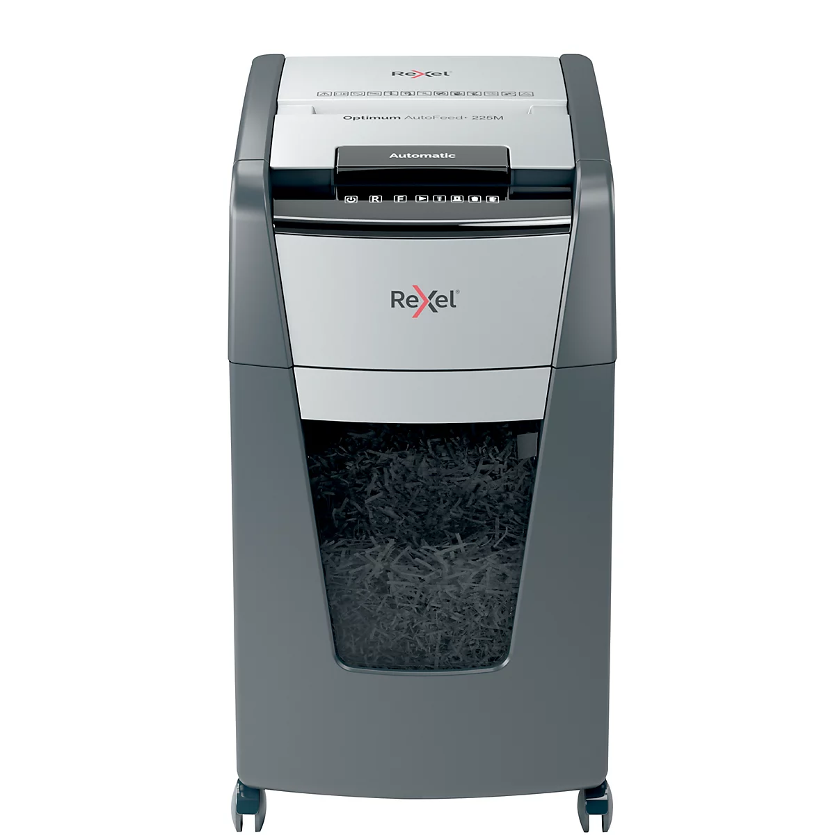 Rexel Optimum AutoFeed+ 225M Aktenvernichter P5, Vollautomatik, Mikroschnitt 2 x 15 mm, 60 l, 225 Blatt Schnittleistung, mit Rollen, schwarz