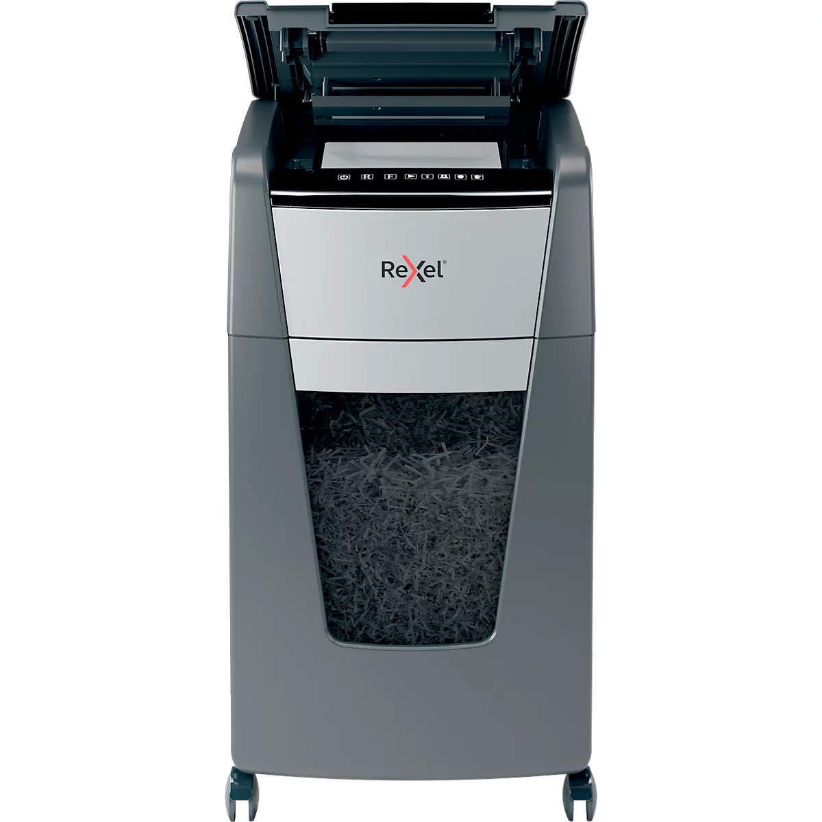 Rexel Optimum AutoFeed+ 225M Aktenvernichter P5, Vollautomatik, Mikroschnitt 2 x 15 mm, 60 l, 225 Blatt Schnittleistung, mit Rollen, schwarz