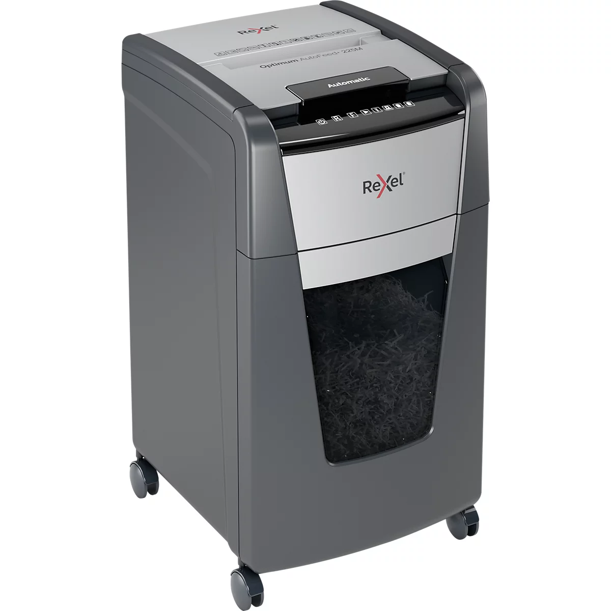 Rexel Optimum AutoFeed+ 225M Aktenvernichter P5, Vollautomatik, Mikroschnitt 2 x 15 mm, 60 l, 225 Blatt Schnittleistung, mit Rollen, schwarz