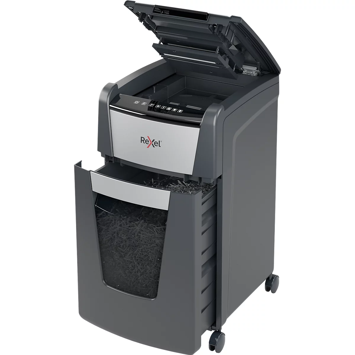 Rexel Optimum AutoFeed+ 225M Aktenvernichter P5, Vollautomatik, Mikroschnitt 2 x 15 mm, 60 l, 225 Blatt Schnittleistung, mit Rollen, schwarz
